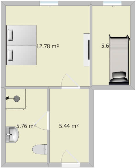 Floor plan of a hotel room in Hotel Arlberg with sleeping and bathroom areas for a vacation in Tyrol